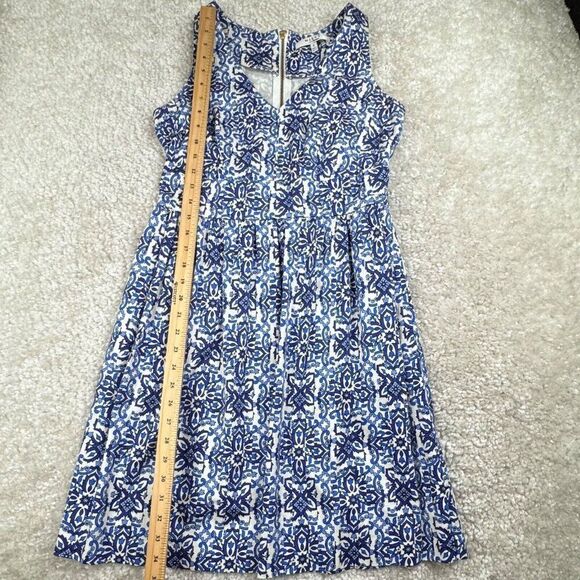 Milly V Neck Blue Print Dress Pockets - Picture 12 of 13